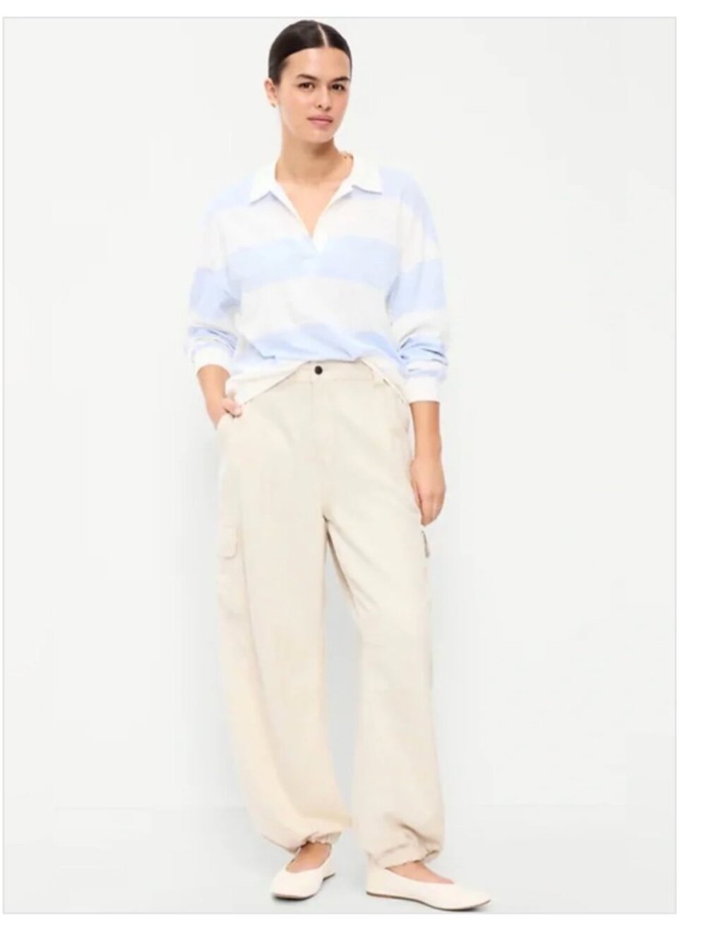 Old Navy Barrel Leg Cargo Jeans Mid-Rise Ecru Relaxed Medium Utility Parachute